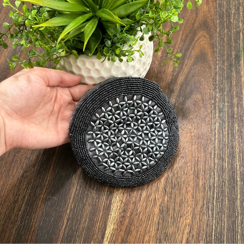 Beaded round silver gray small purse pouch makeup travel bag